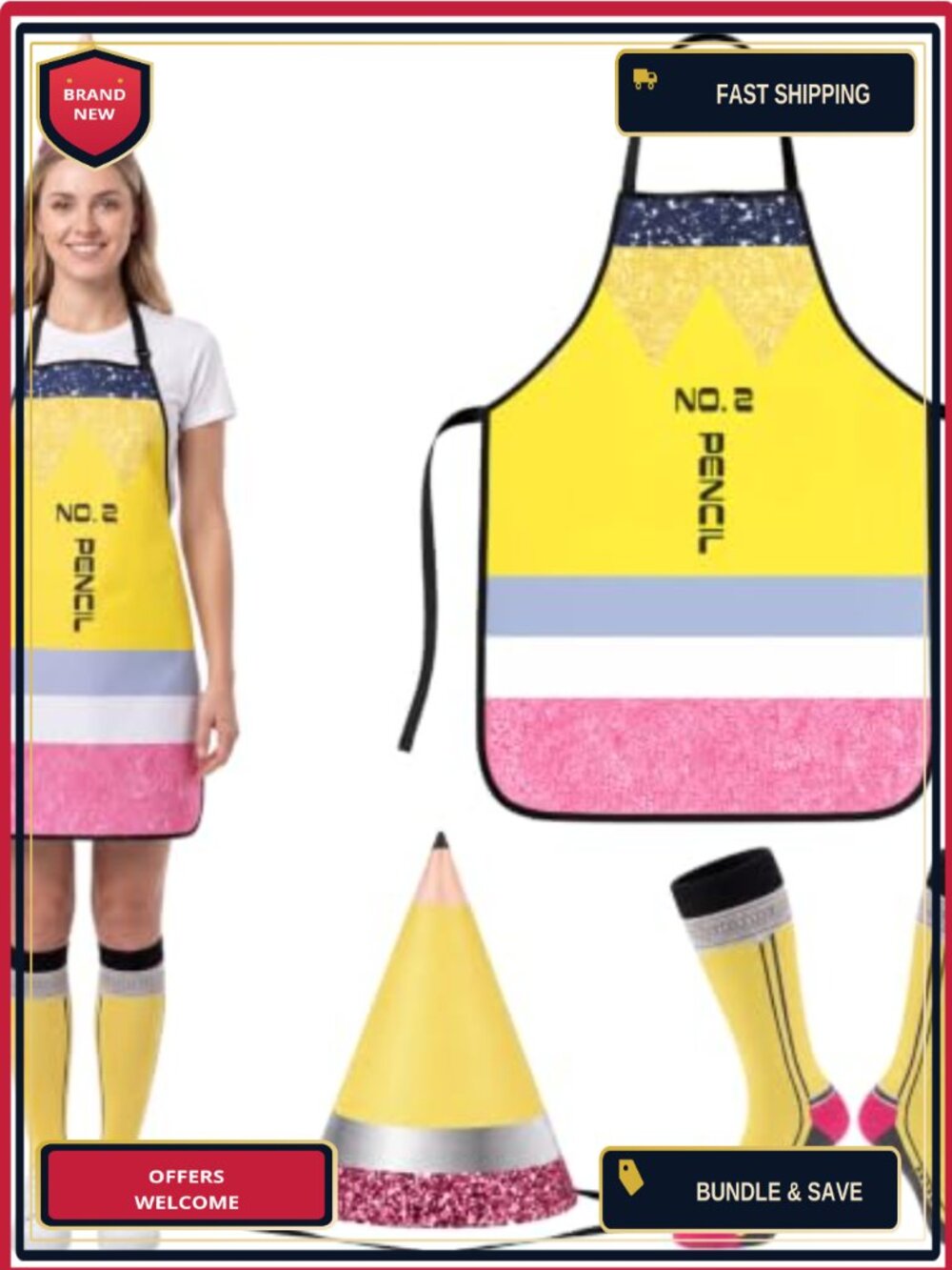 3 Pc Pencil Teacher Costume Set Apron Hat Socks Halloween